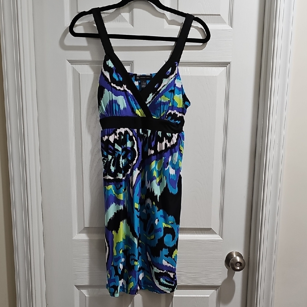INC International Concepts Blue and Black Sleeveless V-Neck Midi Dress